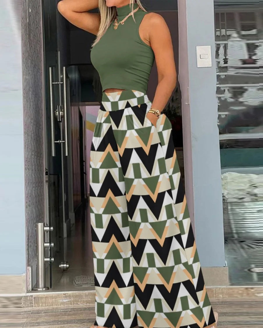 maoxiangshop Sexy Off Shoulder Sleeveless Blouse Pants Set Office Lady Spring Summer Print Tops Trousers Two Piece Set Women Outfit