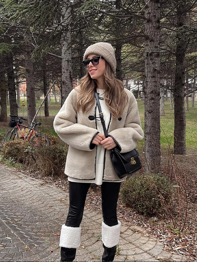 maoxiangshop - Elegant Winter Wool Fur Jacket Women Motorcycle Teddy Long Sleeve Stand Collar Double Faced Coat Female Winter Bike Streetwear
