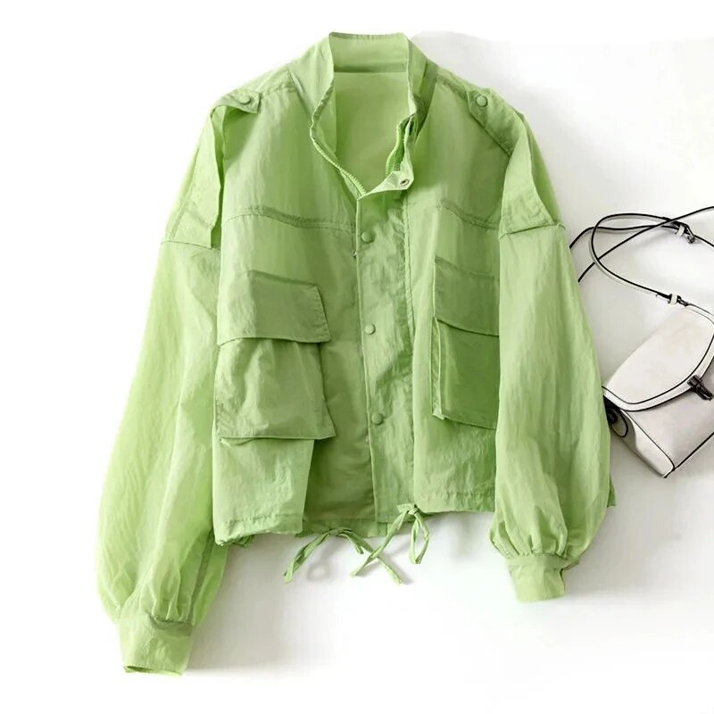maoxiangshop New Summer Korean Sun Protection Clothing Coat Women UV-proof Thin Loose Casual Female Pocket Windbreaker Jacket Tops Lady
