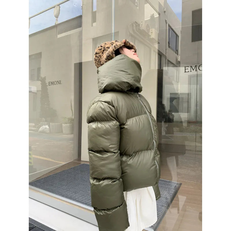 maoxiangshop - American High Street Stand Collar Thicken Warm Cotton-Padded Coat Women Winter New Solid Pop Simple Design Sense Short Coat