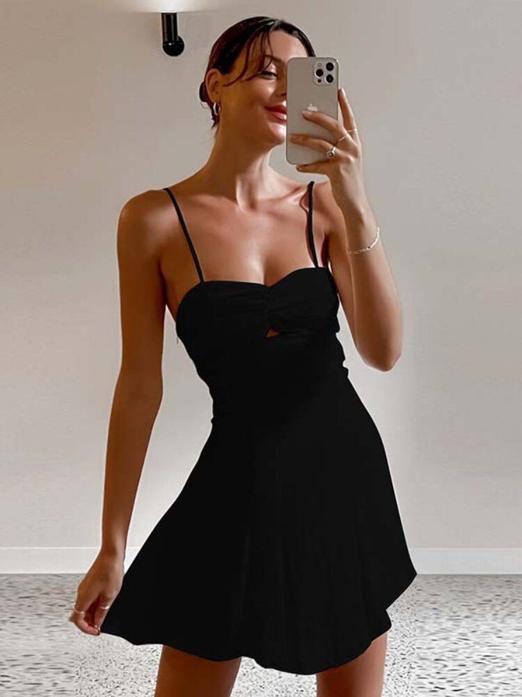 Spring and Summer New Dress Women's Temperament Sexy Solid Color Hollow Wrinkle Suspender Type Slim Dress Women Dress