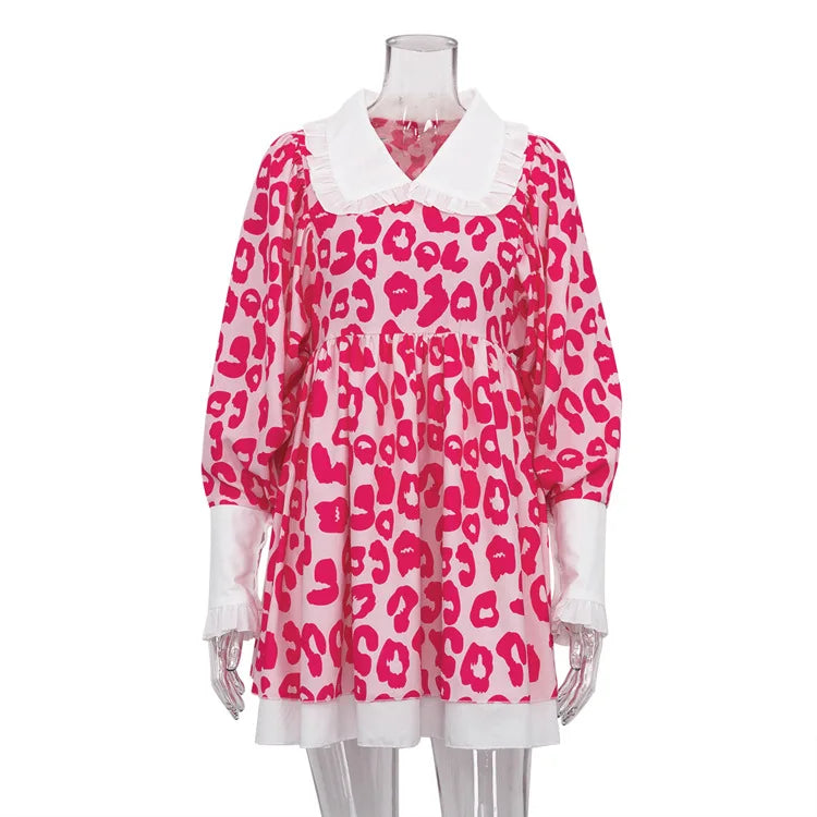 maoxiangshop - Women Vintage Printed Mini Dress Autumn New Fashion Long Sleeve Dresses High Waist Printed A- Line Doll Collar Poncho Dress