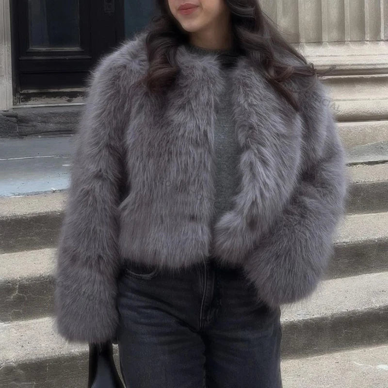 maoxiangshop - Brand Fashion 2024 Winter Sweet Pink Cropped Faux Fur Coat Women Streetwear Ins Chic Girls Fluffy Fox Fur Jacket Female