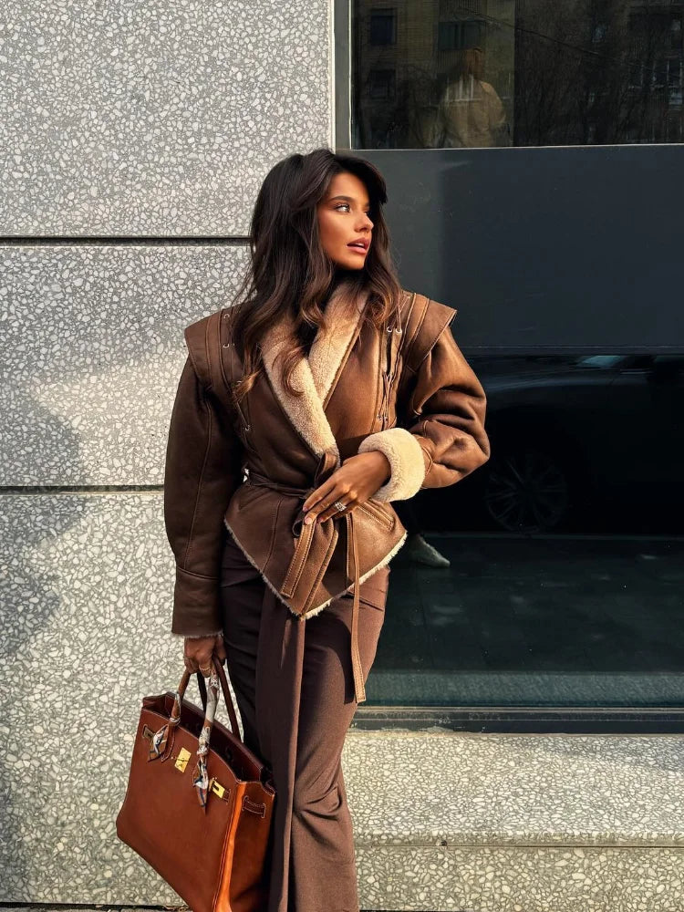 maoxiangshop - Fashion Warm Furry Leather Woman Jacket With Belt Chic Lapel Long Sleeve Motorcycle Coat Lady 2024 Winter High Street Outerwear
