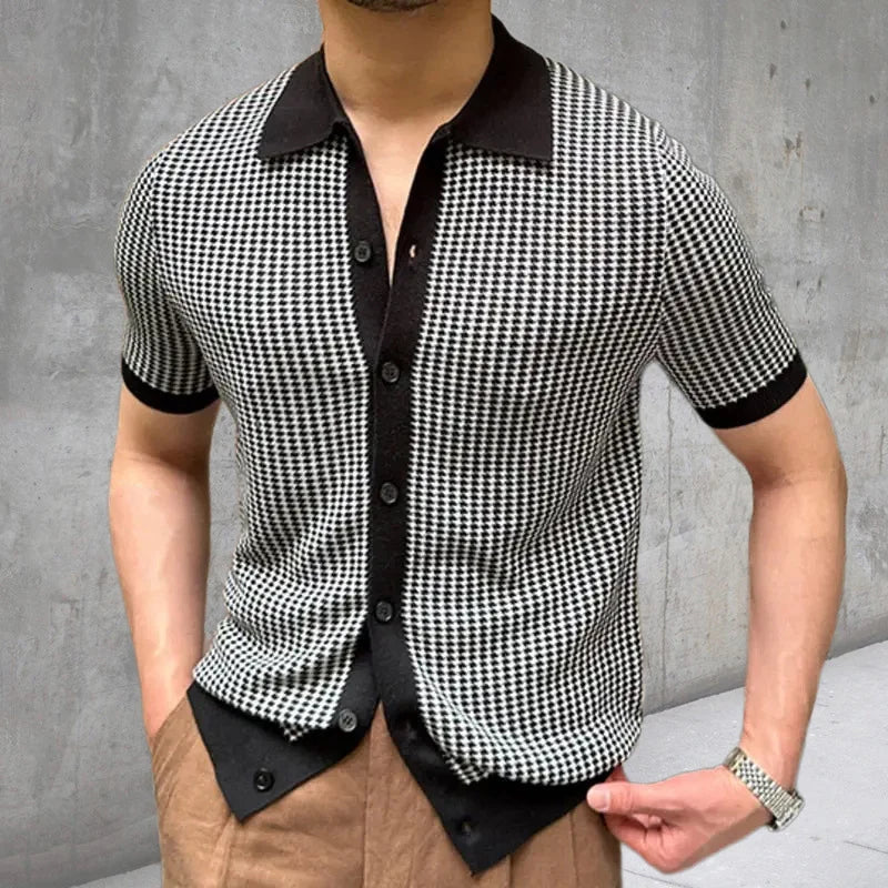 maoxiangshop Leisure Knitting Mens Shirt Short Sleeve Button Turn-down Collar Houndstooth Knit Tops Beach Men Summer Casual Solid Color Tops