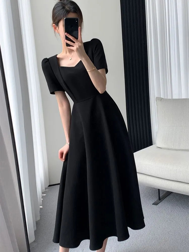 Women Summer New Elegant Midi Black Dress Solid A Line Femme Fashion Office Lady Clothing Vestidos