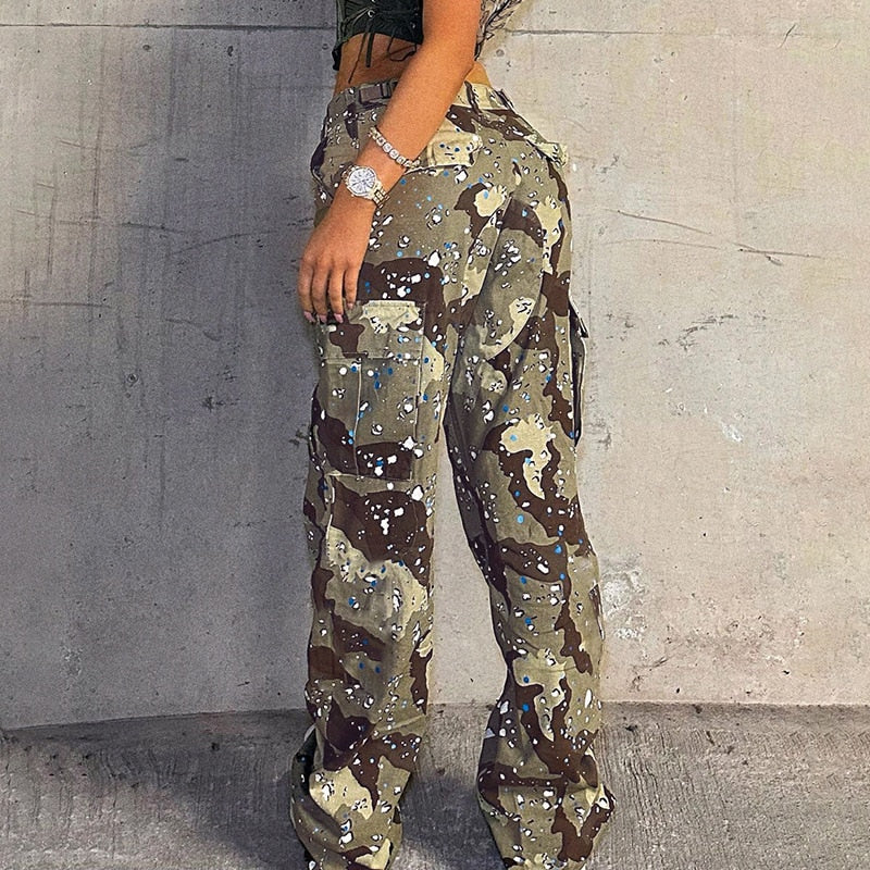maoxiangshopCamo Flare Cargo Pants For Women High Waist Big Size Camouflage Print Baggy Techwear Patchwork Pocket Summer Streetwear Trousers