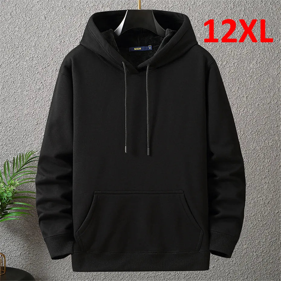 maoxiangshop Solid Color Hoodies Men 12XL 10XL Plus Size Hoodies Autumn Winter Thick Fleece Hoodie Male Big Size 12XL Hooded Pullover Black