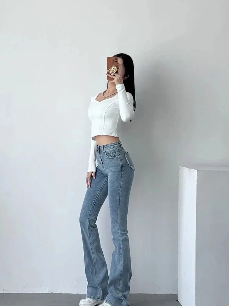 maoxiangshop - Fashion Denim Packets Jeans Women High Waist Flare Pants Streetwear Trousers Pants Jeans Ladies Autumn Bottoms Blue