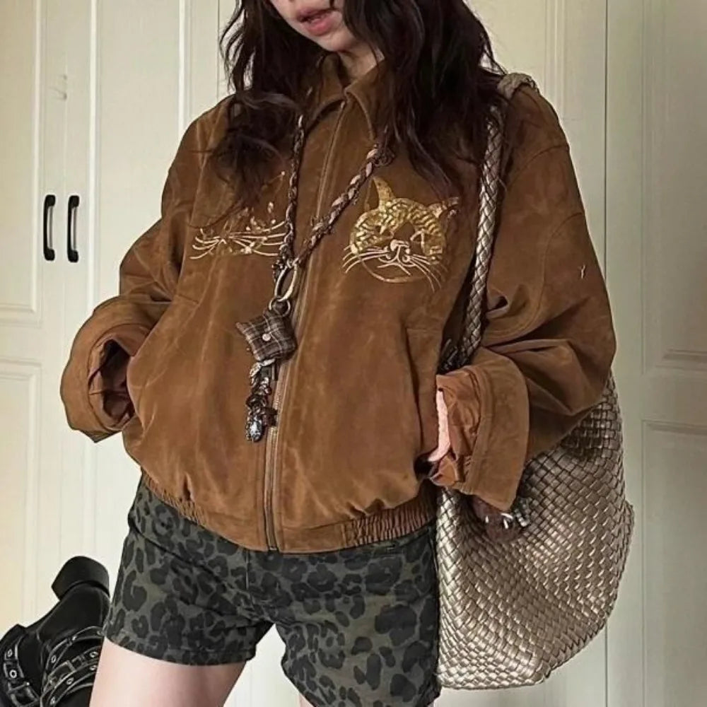 maoxiangshop - cute winter outfits Cat Embroidery Brown Heavy Embossed Suede 2024 Jacket Women Autumn Winter Vintage Long Sleeve Leather Coat Fashion Eco Top