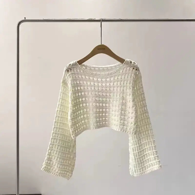 maoxiangshop Long Sleeve Crochet Knit Top Summer Beach Bikini Cover Up Crop Pullover Wool Knitwear Blouse Women Vacation Boho Outfit