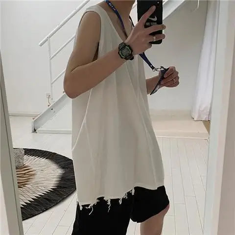 maoxiangshop Hip Hop Streetwear Men Retro Old Vest Harajuku Multicolors Oversized Tank Tops Summer Sleeveless T-shirt Solid Color Tees