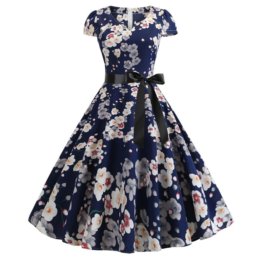 maoxiangshop Women Vintage Dress White Polka Dot Summer Dresses Pin Up Print Retro 50s 60s Rockabilly Party Sundress Vestidos