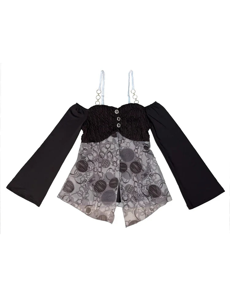 maoxiangshop Top Y2K Lolita Tops Off Shoulder Cyber Lace Top Exposure Simple Clothes 2024 Off White Women Gyaru Long Sleeve Clothes for Women