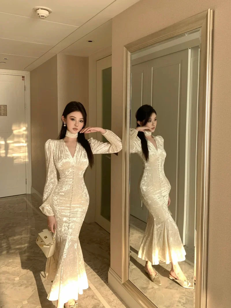 maoxiangshop Elegant Chic Single Breasted Velvet Midi Dresses for Women Spring Autumn Vintage Evening Party Slim Mermaid Female Clothing Robe