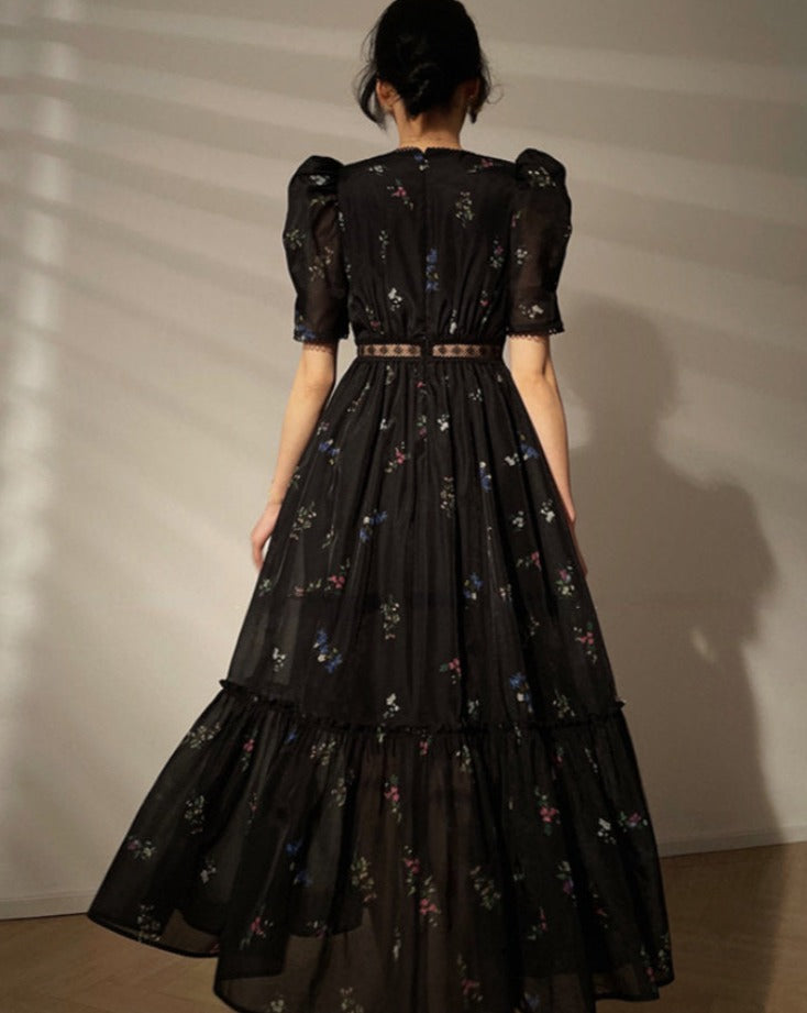 maoxiangshop Floral Dress for Women Fashion Vintage Short Sleeves V Neck Summer Dress French Style Folds Pullover Maxi Dress