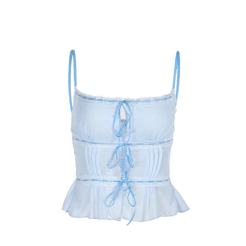 maoxiangshop - 2024 Instagram New Cute Summer Semi Transparent Chiffon Vest and y2k Slim Fit Spicy Girl Lace Top with Ties