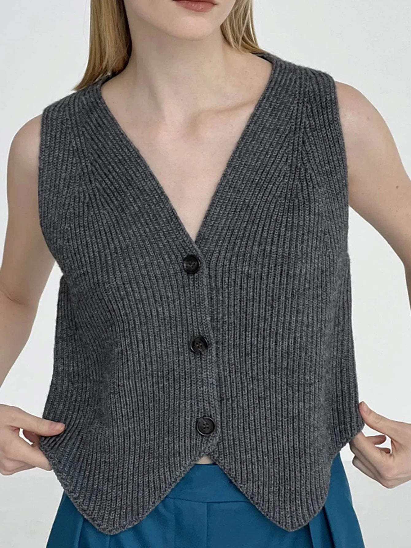maoxiangshop - Basic Knitwear Sweater Vest Grey Sleeveless Button Up V-neck Jumpers Office Ladies England Style Autumn Winter Tops Chic