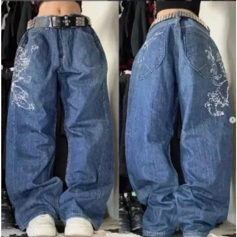 maoxiangshop - American Y2K geometric embroidery design high waisted jeans for women 2024 new autumn winter fashion trend aesthetic sweatpants