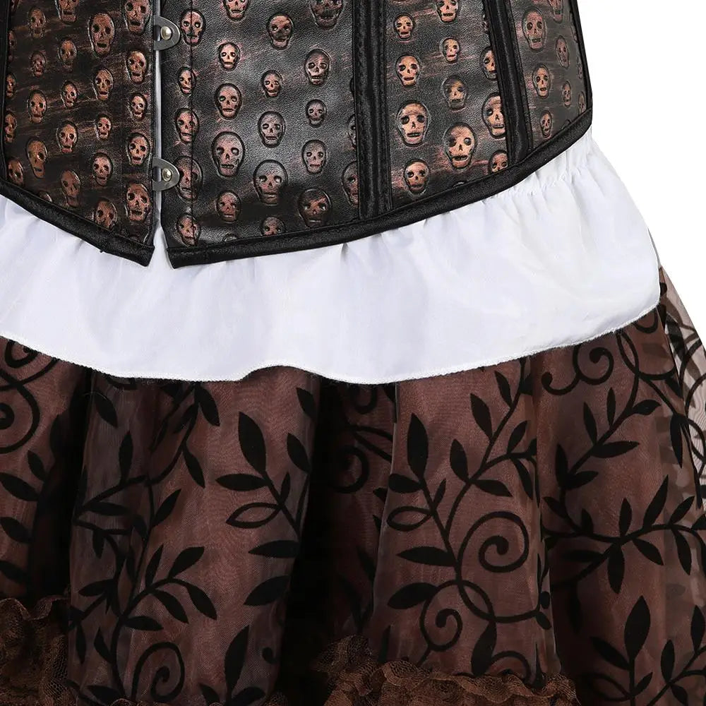 maoxiangshop - Corset Dress Suit Leather Bustiers Outfits for Women Steampunk Skull Underbust Skirt White Blouse Set Carnival Party plus size