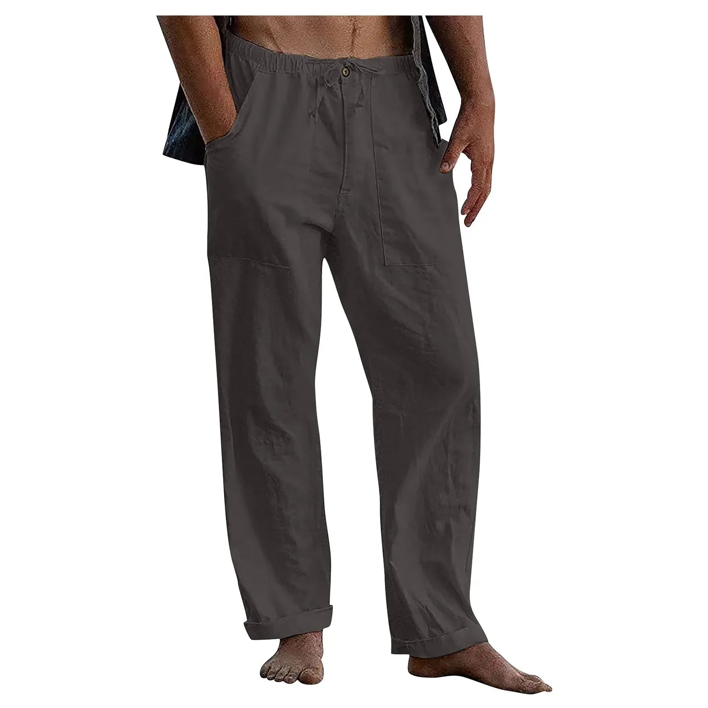 maoxiangshop New Men's Cotton Linen Pants Summer Solid Color Breathable Linen Trousers Summer elastic waist drawstring loose pants