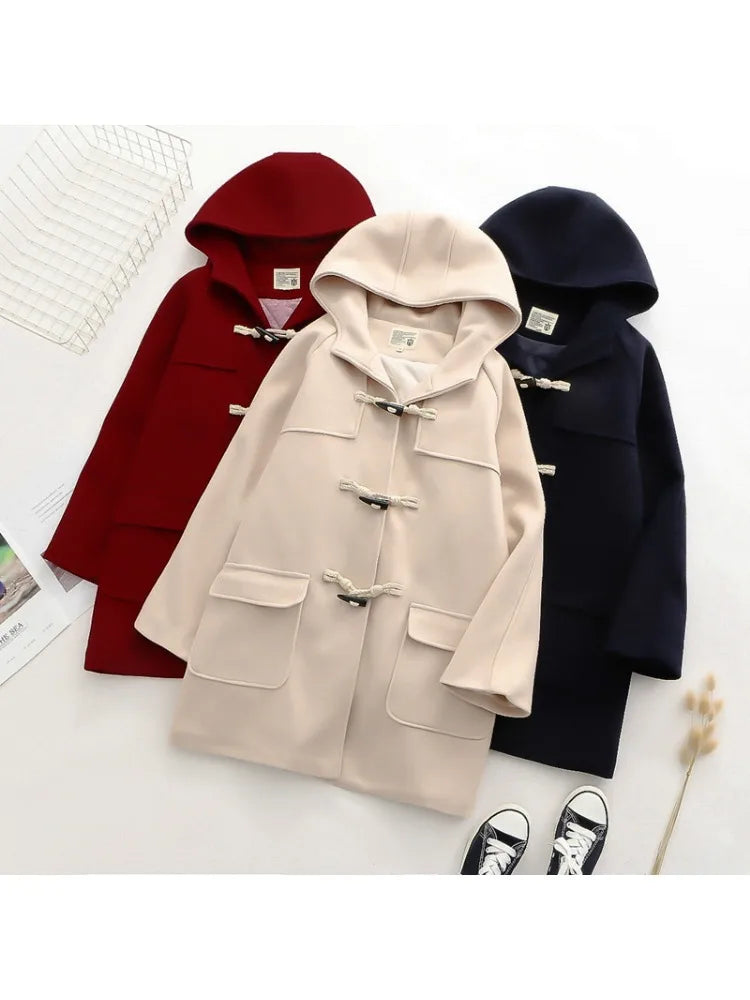 Solid Women Long Wool Blends Winter Loose Warm Coat Hooded s Office Work Wear Horn Button Legant