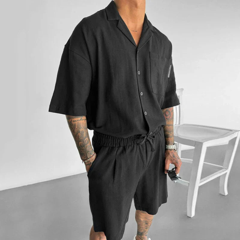 maoxiangshop Streetwear Vintage Mens Shirts Two Piece Outfits Fashion Solid Color Suits Loose Pocket Short Sleeve Shirt And Shorts Men Sets