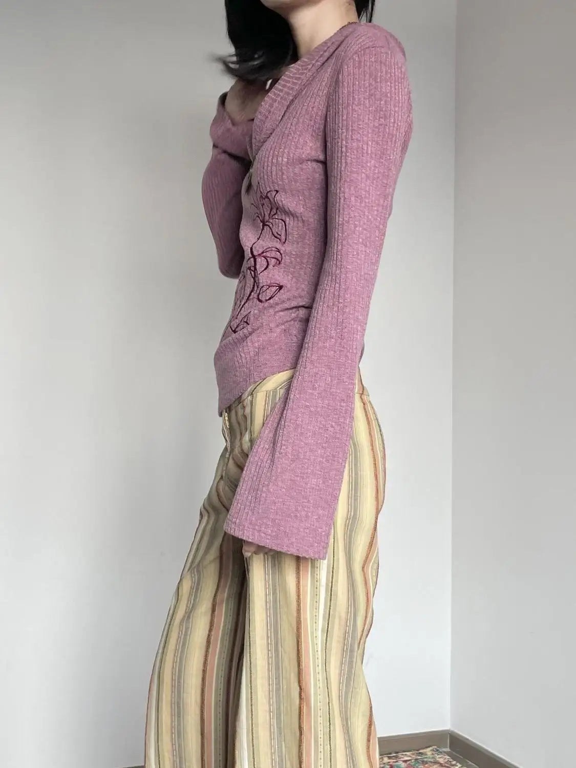 maoxiangshop - Swinging Collar Off Shoulder Purple Embroidered Sweater for Women Autumn Spicy Girls Slim Fit High End Knitted Shirt Women Tops