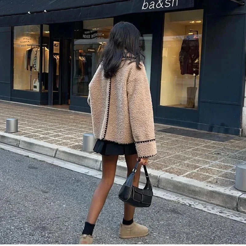 maoxiangshop - Elegant Solid Lapel Lamb Wool Wram Jacket Women O Neck Long Sleeves Slim Pocket Coats 2024 Autumn Winter Fashion Warm Outerwear