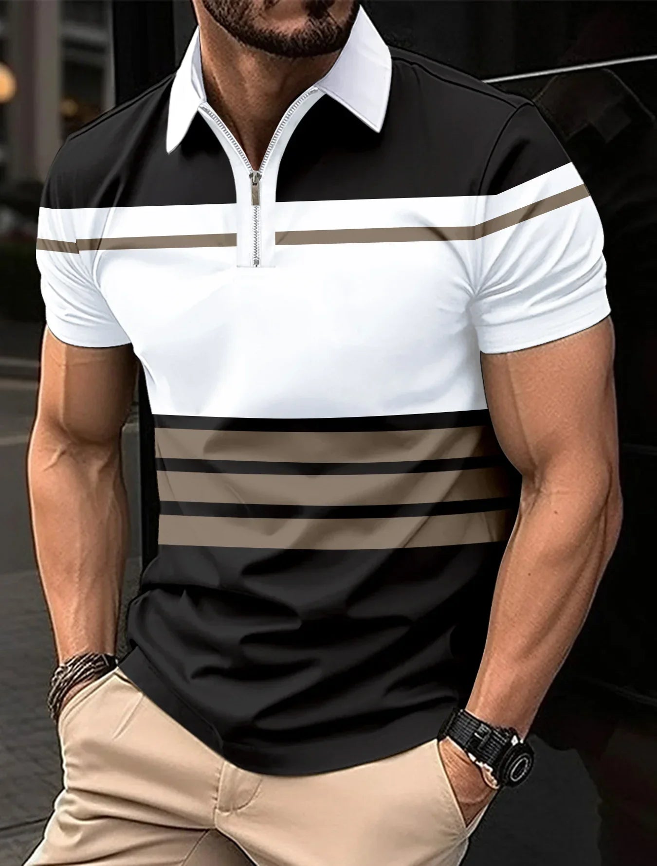 maoxiangshop 2024 Summer Best-Selling Men's Polo Shirt Lapel Printed Men's Clothing Stripes Polo Shirt Casual Sports Men's Shirt