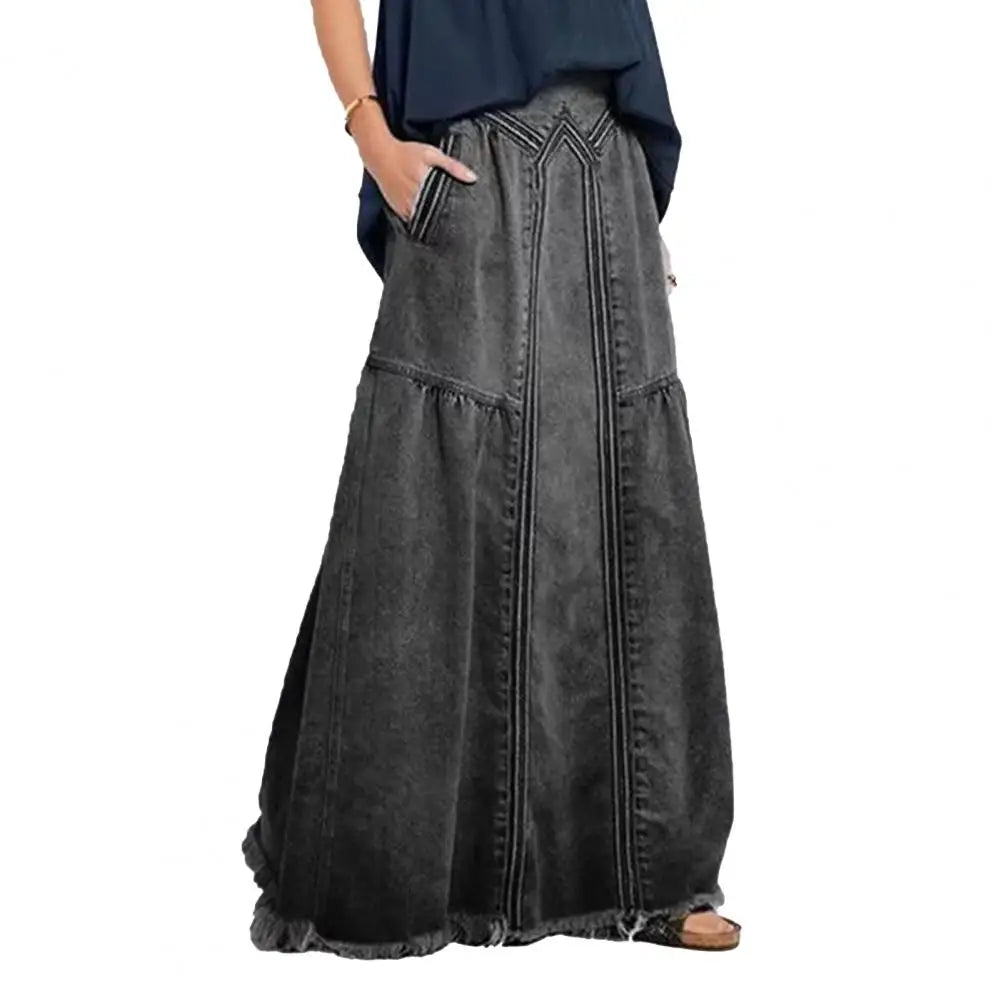 maoxiangshop Oversize Fashion Street Skirt Summer A Line Denim Skirt Women Autumn Sun Skirt Casual Solid High Waist Women's Long Skirt