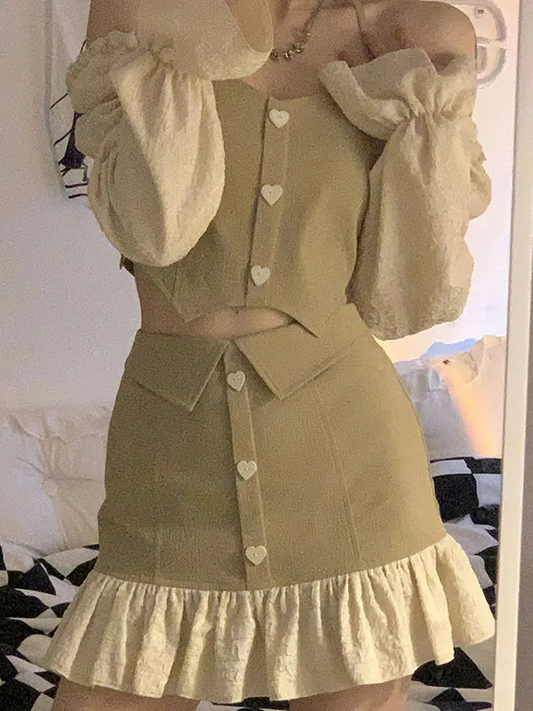 maoxiangshop Dresses Sets Women Sexy Skirt Outfits Female Two-piece Sets Puff Sleeve Halter Top+ A-line High Waist Skirt Two-piece Trend