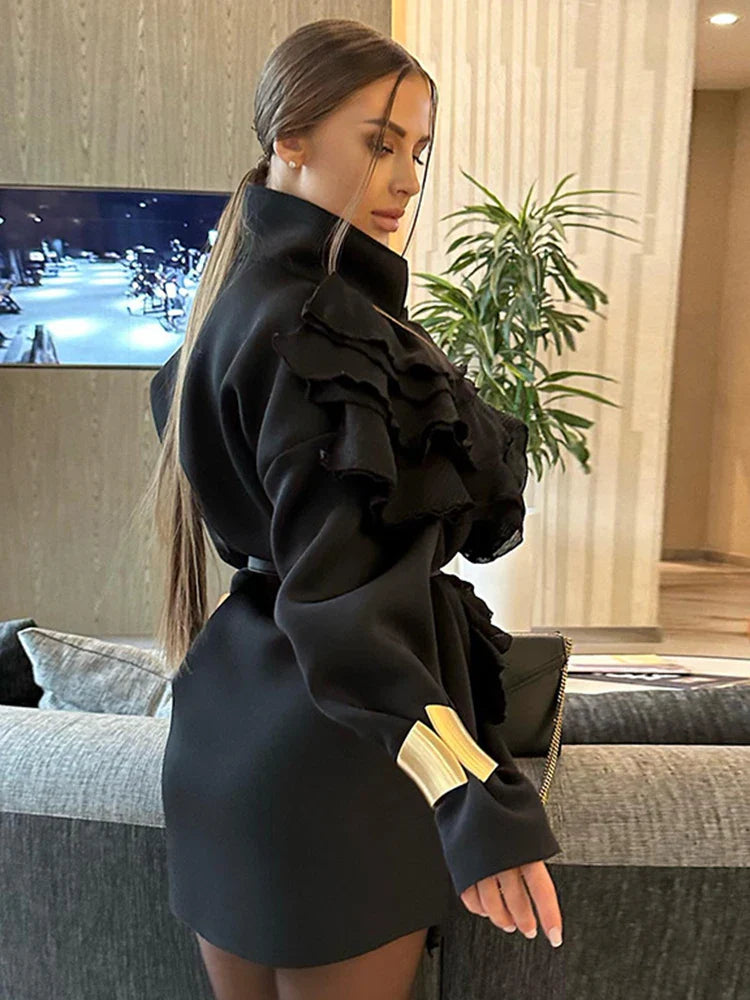 maoxiangshop - Splice Mesh Belted Long Sleeve Jacket For Women High Street Loose Irregular Black Outwear Lapel Autumn Winter 2024 New
