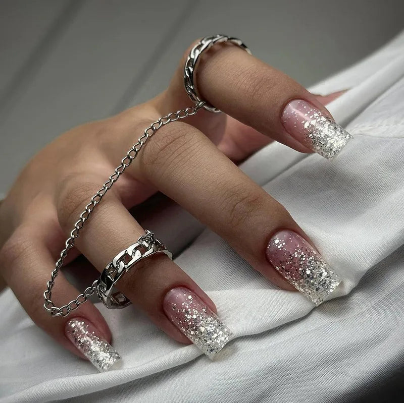 maoxiangshop 24Pcs Coffin False Nails Purple Butterfly Designs Fake Nails with Shiny Rhinestone Wearable French Full Cover Press on Nails