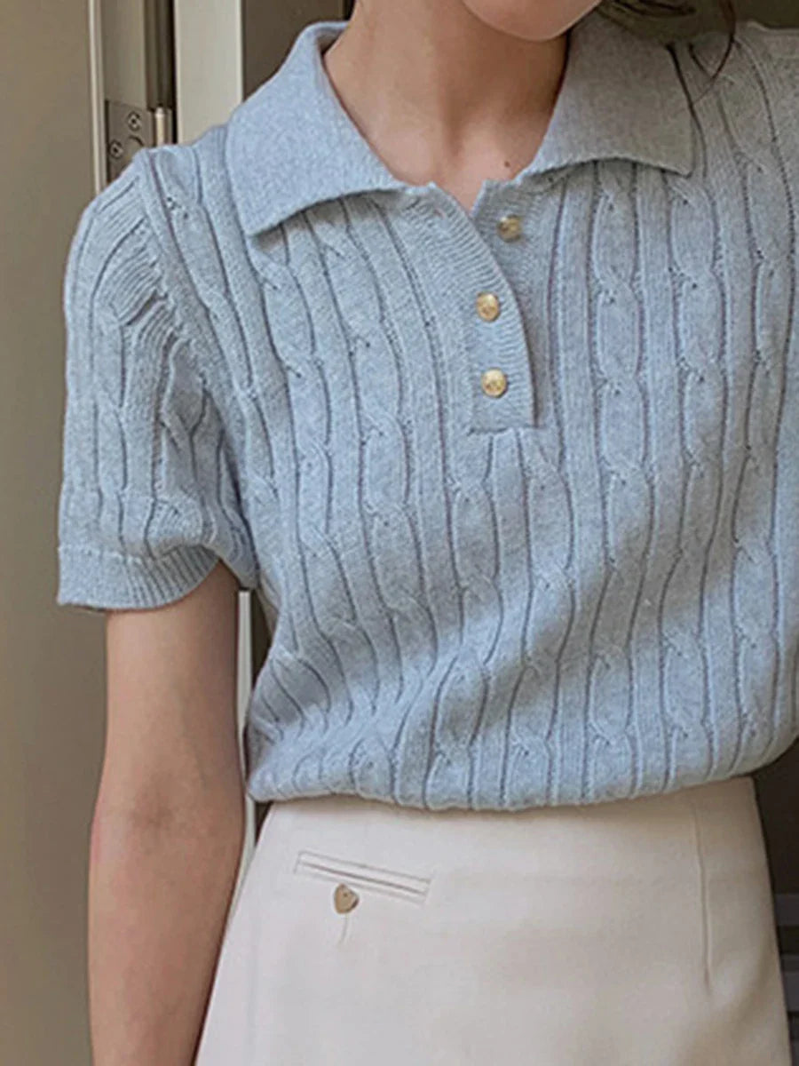 maoxiangshop - Korean Fashion Solid Knitted Short Sleeve 2024 Autumn New Women Turndown Collar Button Short T-shirt Simple Casual Slim Tops
