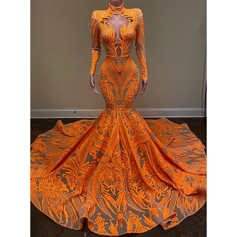 maoxiangshop Orange Mermaid Evening Gowns Party Dress For Womens Blingbling Applique Long Sleeves Occasion Gown Robe De Soir¨¦e