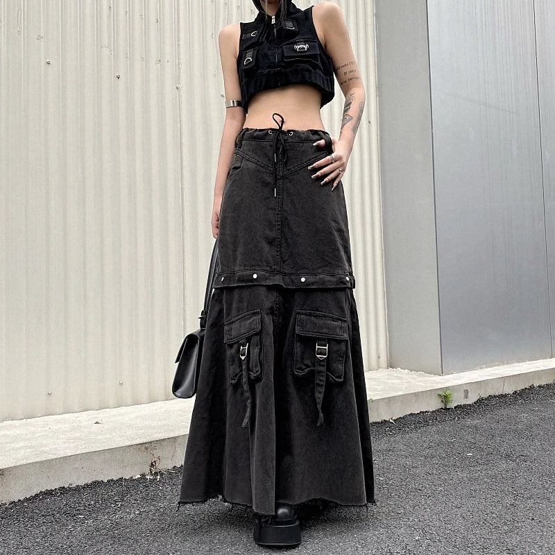 Spring Women Vintage Baggy Streetwear Denim Skirt Grunge 00S High Waist Y2K High Street Basic A-Line Lady Pockets Skirt
