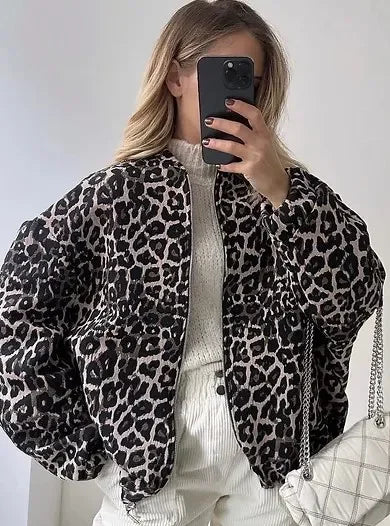 maoxiangshop - Chic Leopard Printed Pattern Lamb Wool Coat 2024 Autumn Winter Fashion Warm Outerwear Female New O Neck Zipper Loose Jackets