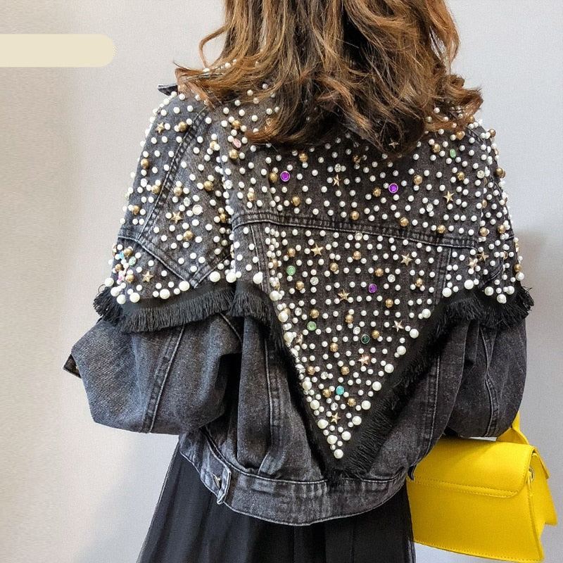 maoxiangshop Autumn Denim Jacket Women Hand-studded Pearls Punk Tassel Veste Femme Loose Short Jeans Coats Chaquetas Mujer Streetwear