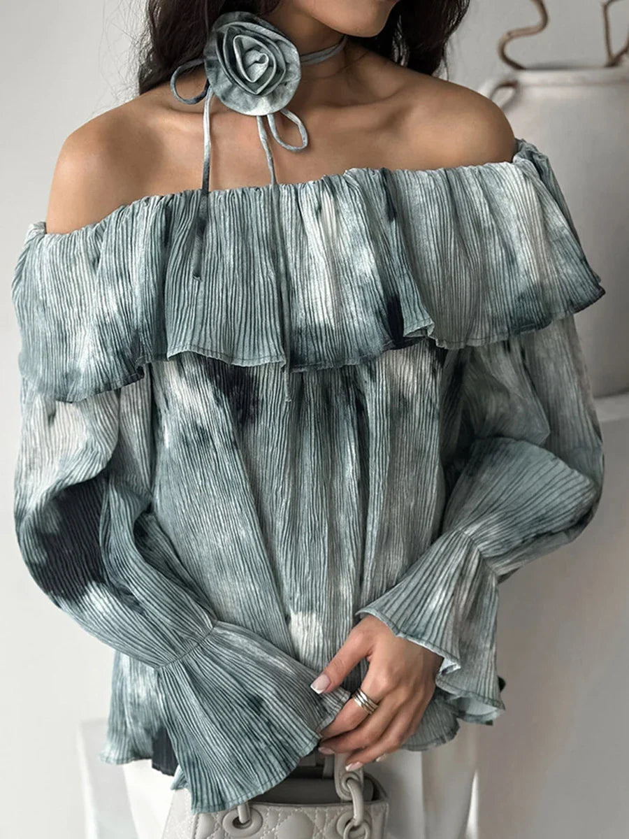 maoxiangshop - Ink Print Tie Dye Long Sleeve 2024 New Sexy Off Shoulder Flare Sleeve T-shirt Women Autumn Casual Elegant Flower Lace-up Tees