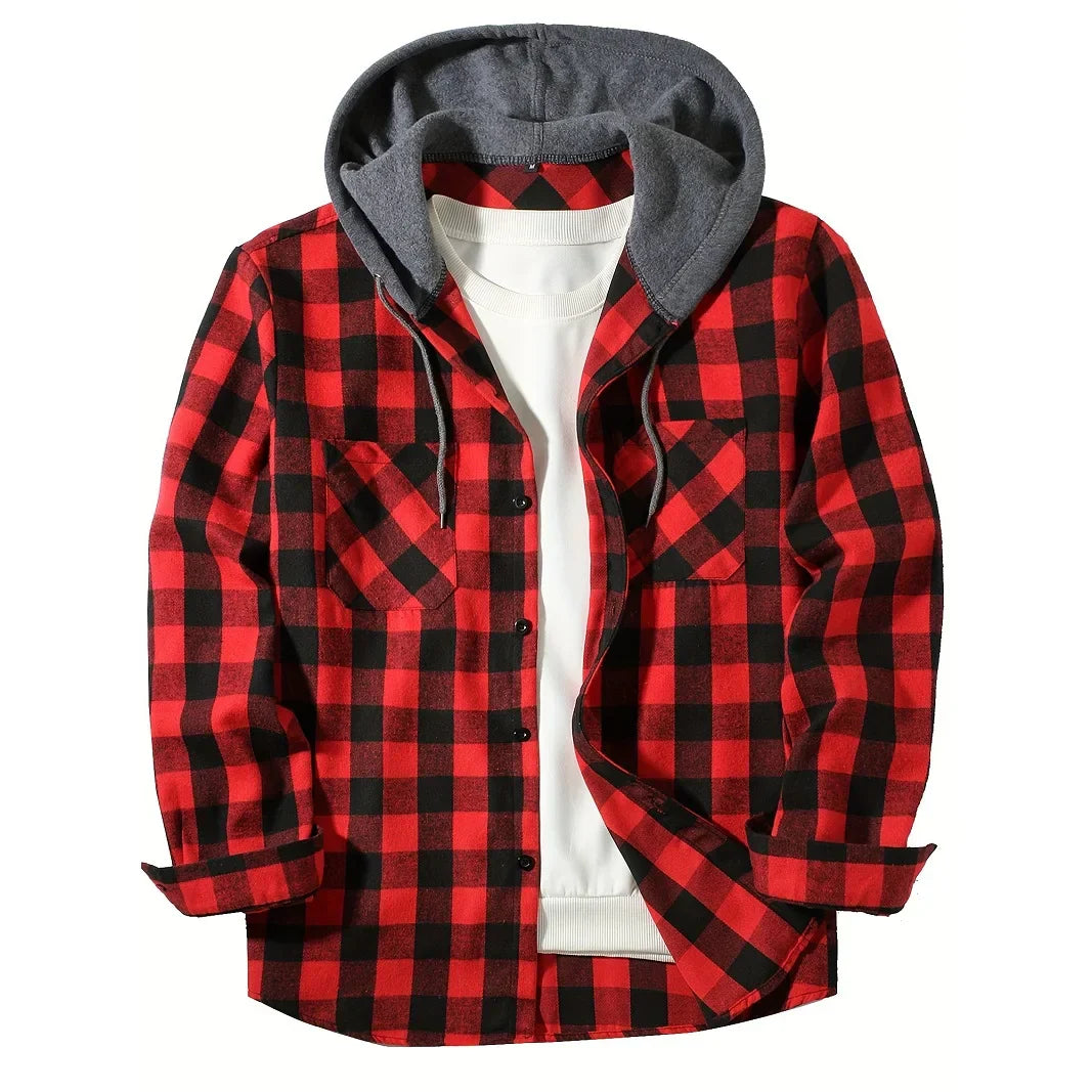 maoxiangshop Spring Autumn Men's Hoodies Shirts Classic Plaid Casual Button Down Hooded Long Sleeved Double Pockets Shirt Flannel Jacket Tops