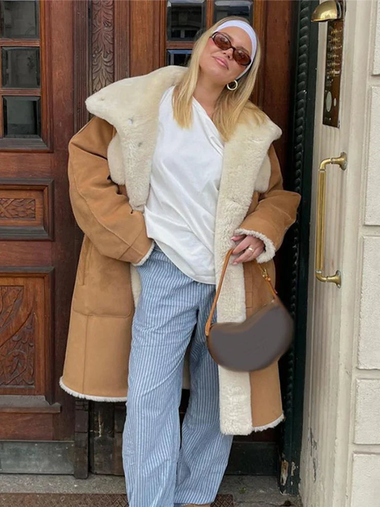 maoxiangshop - Fur Lined And Suede Integrated Long Coat Women Turn-down Collar Loose Pocket Trendy Single Breasted Outwear 2024 Winter Chic Top