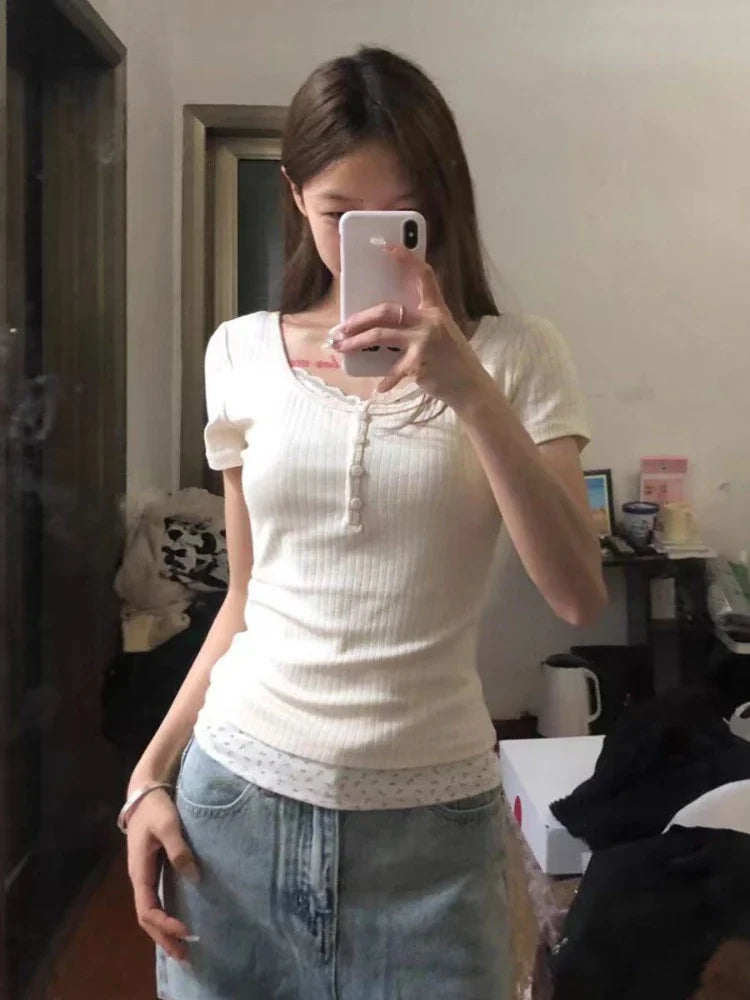 maoxiangshop Fake Two Pieces Sweet Flower Print Women T-shirt Slim Long Sleeve Bottoming Crop Top Patchwork Lace Tees Y2k Aesthetic Fashion