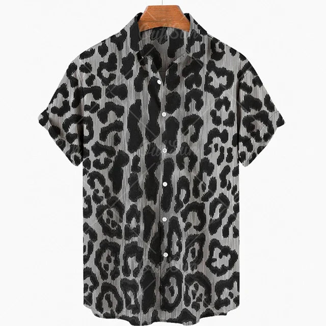 maoxiangshop Short Sleeve Leopard Men's Shirts For Man Clothing Hawaiian Fashion 3D Print Thin Lapel Floral Casual Oversized Imported Camisa