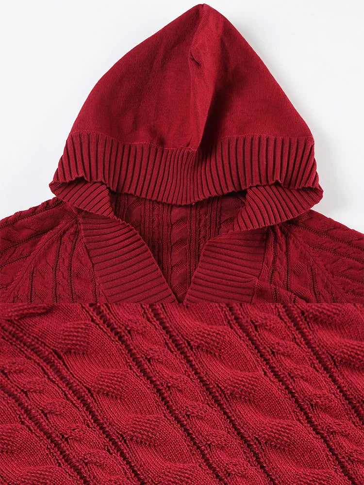 maoxiangshop - Twisted Flower Woven Hooded Sweater Women V-Neck Long Sleeve Solid Color Slim Casual Sweatshirt Autumn/Winter Streetwear
