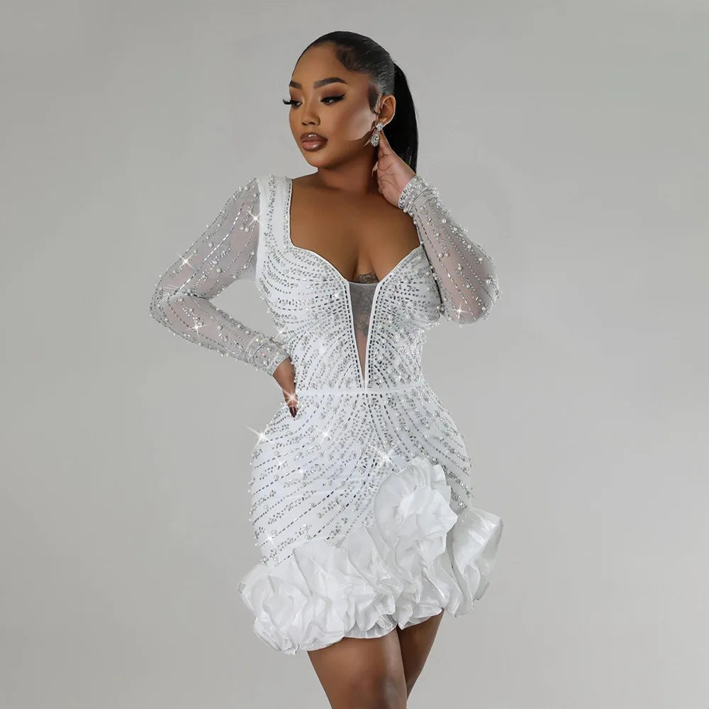 maoxiangshop Long Sleeve V Neck Transparent Club Dress Sexy Glittering Diamonds Dress Women Party Birthday Bodycon Mini Dresses Vestidos