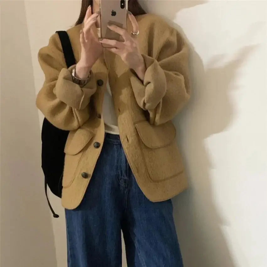 maoxiangshop - Chic Solid Woolen Jackets Loose Women New Warm 2025 Vintage Slim Winter Streetwear Elegant Fashion Daily Coats