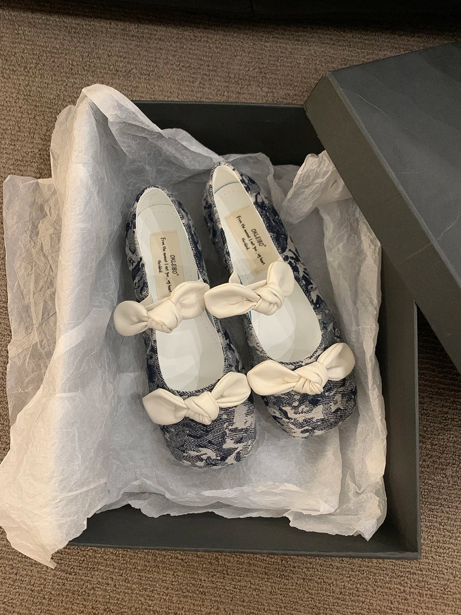 maoxiangshop - 2024 NEW Korean style Lolita Mary Jane Shoes Women's Shoes Square Toe Women's Shoes Two Bow Ballet Flats Spring/Autumn Flats