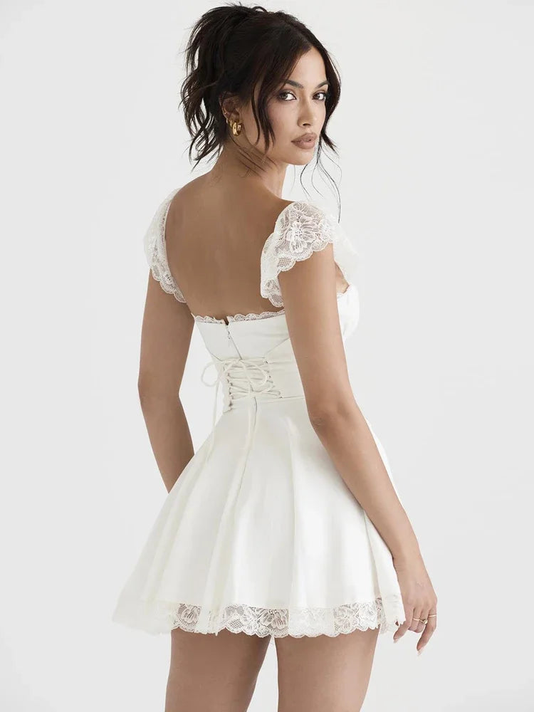Double Layered Wedding Guset Dresses For Women Chic Sweet Kawaii Birthday Party Outfits Sexy A Line Lace White Dress