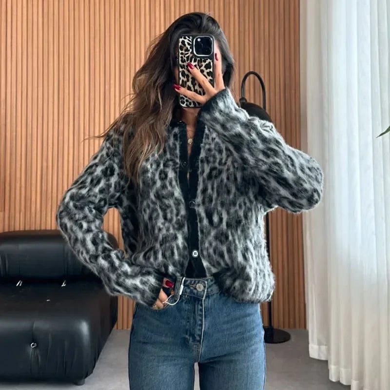 maoxiangshop - Fashion Lepard Knitted Sweater Cardigan For Women Loose Casual Long Sleeve Retro Single Breatted Sweater Autumn Outwear